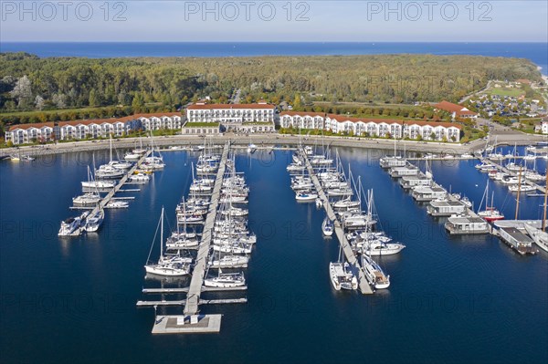 Weisse Wiek holiday resort at Boltenhagen along the Baltic Sea showing hotels and sailing boats in marina