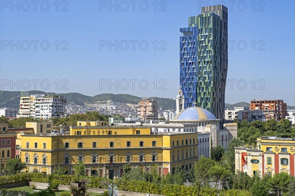 Skanderbeg Square with Ministry building and Alban Tower Tirana