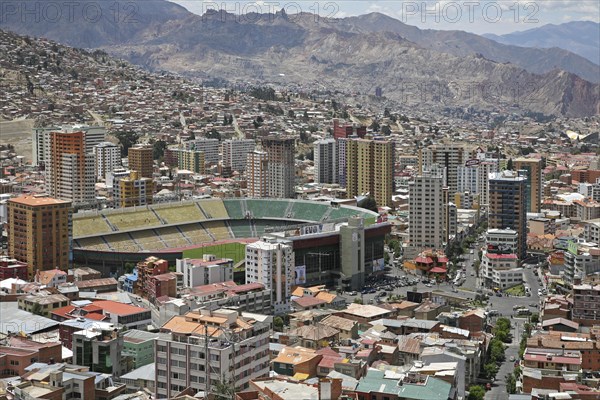 View over the city La Paz and the sports stadium Estadio Hernando Siles
