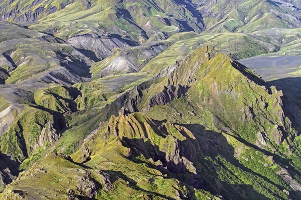 Aerial view over the mountain ridge Thorsmork