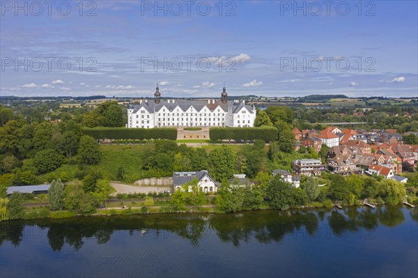 Aerial view over 17th century Ploen Castle