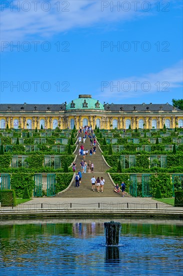 French Rondell and Great Fountain with view over the vineyard terraces to Sanssouci Palace