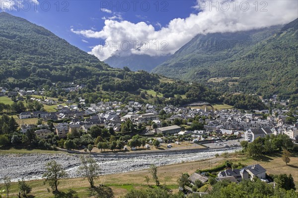 Aerial view over the village Luz-Saint-Sauveur and the Bastan river