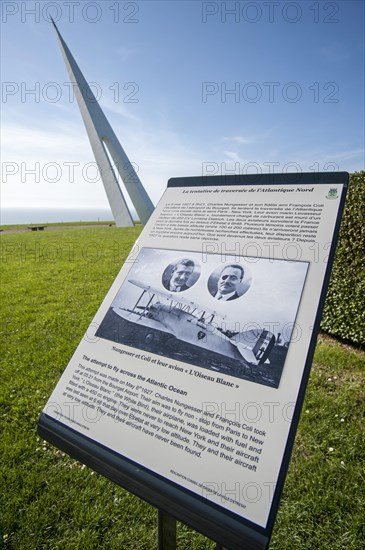 Information panel and monument honouring the French aviators Francois Coli and Charles Nungesser who disappeared during an attempt to make the first non-stop transatlantic flight between Paris and New York at Etretat