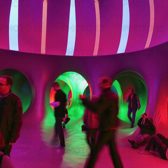 Anonymous crowd exploring colourful walk-in tent