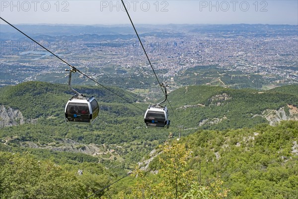 Gondola lift to the Dajti Mountain National Park and aerial view over the capital city Tirana from Mount Dajti