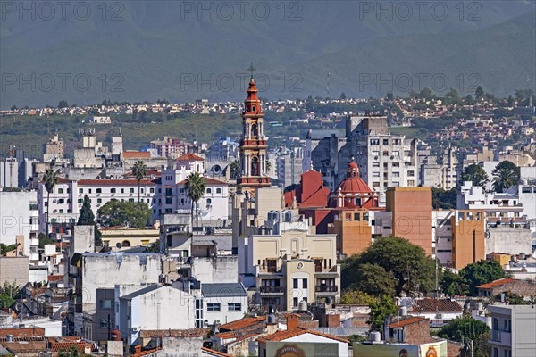 Aerial view over the historic colonial centre of the city Salta showing the Iglesia San Francisco