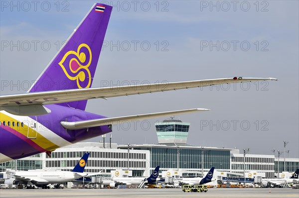 Thai Airways Boeing B777 Dreamliner in front of satellite Terminal 2