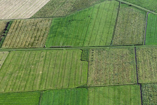 Aerial view over farmland showing tractor tracks and ditches in agricultural parcels
