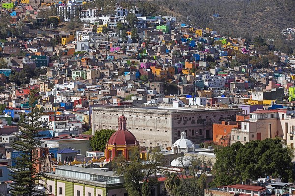 Aerial view over the colourful city centre of Guanajuato and the Alhondiga de Granaditas