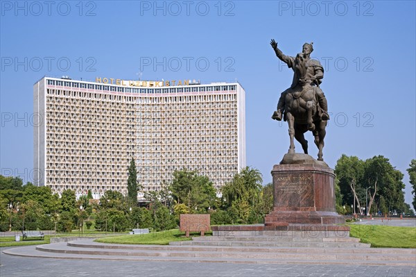 Hotel Uzbekistan and equestrian statue of great statesman and commander Amir Temur in the capital city Tashkent