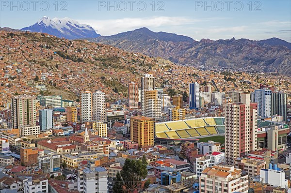 Aerial view over the city La Paz showing its business district and Estadio Hernando Siles sports stadium in the Miraflores borough