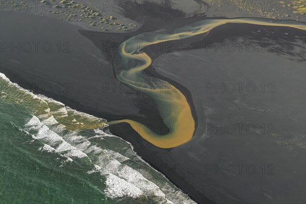Aerial view over the glacial river Affall at Landeyjarsandur in summer