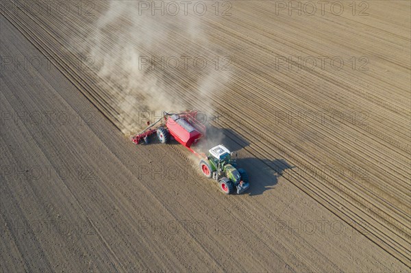 Aerial view over tractor with pneumatic seed drill