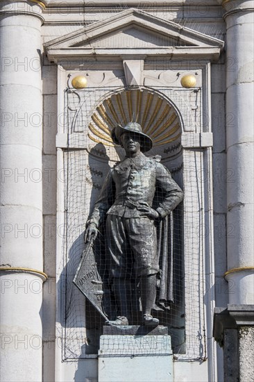 Statue protected with anti-bird net and anti roosting spikes against city pigeons at the Nederlands Toneel Gent