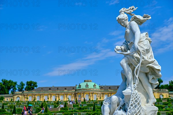 Two Nereids pull a net with fish and the boy Triton out of the water