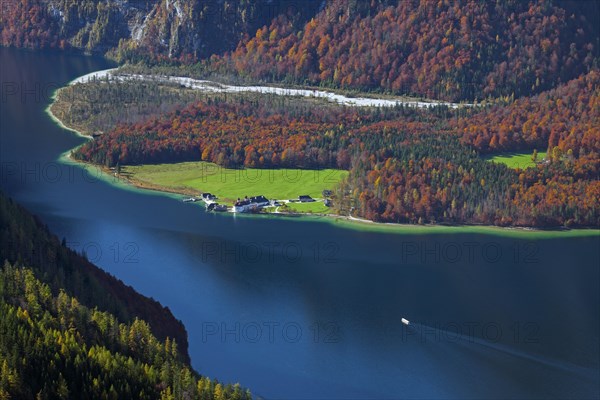 Aerial view over lake Koenigssee and Sankt Bartholomae