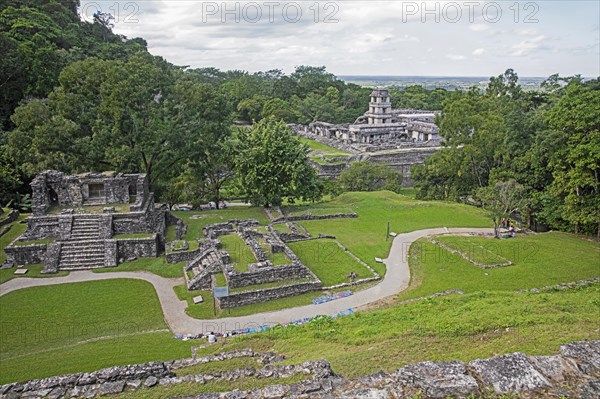 Aerial view over temple ruins and the Palace with Observation Tower at the pre-Columbian Maya civilization site of Palenque