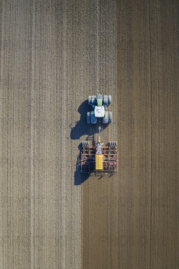 Aerial view over tractor with pneumatic seed drill