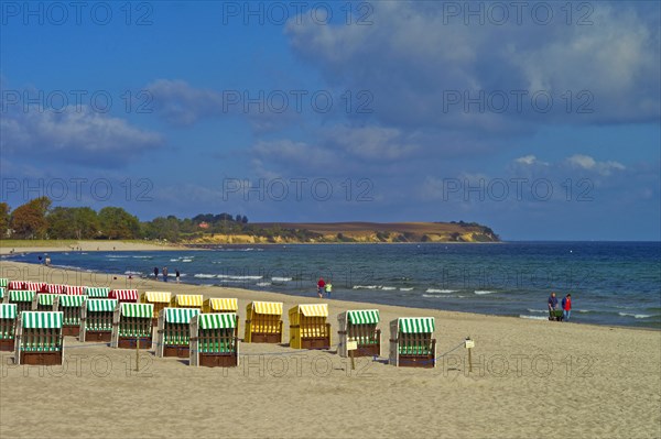 View of the beach and the steep coast from the pier in Boltenhagen