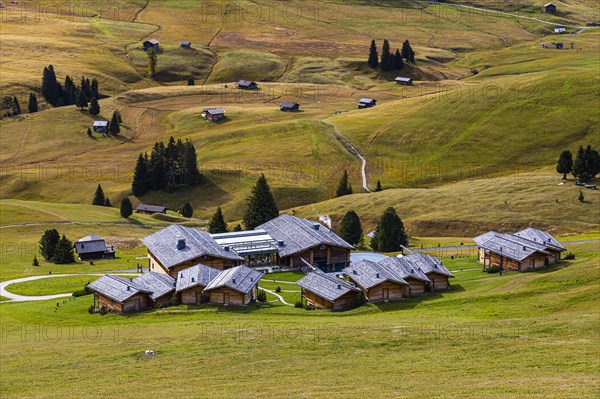 Wellness Resort Adler Mountain Lodge and autumnal alpine meadows, Alpe di Siusi, Val Gardena, Dolomites, South Tyrol, Italy, Europe
