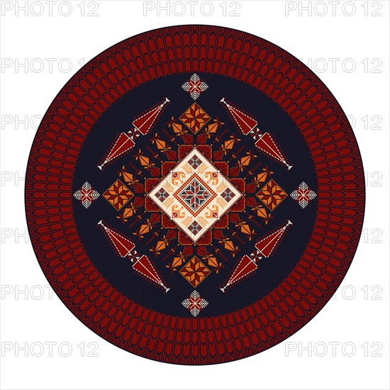 Decorative round Palestinian Tatreez design element over white background, vector illustration