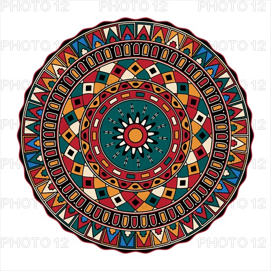 Decorative round tribal design element over white background, vector illustration