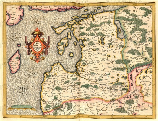 Atlas, map from 1623, Livonia stands for Livonia, a landscape and former province in the Baltic States, digitally restored reproduction from an engraving by Gerhard Mercator, born as Gheert Cremer, 5 March 1512, 2 December 1594, geographer and cartographer