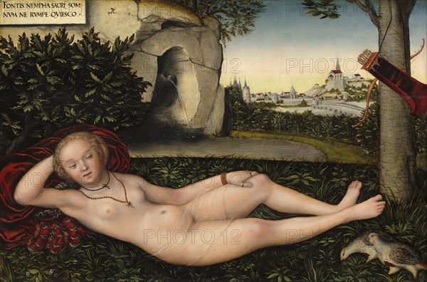 The Nymph of Spring, Spring Nymph, Naiad, painting by Lucas Cranach the Elder, 4 October 1472, 16 October 1553, one of the most important German painters, graphic artists and letterpress printers of the Renaissance, Historical, digitally restored reproduction of a historical original
