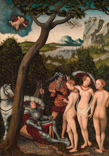 The Judgement of Paris, a famous episode of Greek mythology. The youth Paris must pass judgement on which of three goddesses is the most beautiful: Aphrodite, Athena or Hera, painting by Lucas Cranach the Elder, 4 October 1472, 16 October 1553, one of the most important German painters, graphic artists and letterpress printers of the Renaissance, Historical, digitally restored reproduction of a historical original