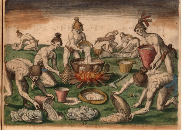Men pour grain into a pot on the fire while woman sort food on the floor. Plates lie to be washed next to a hole where water has been placed. A man grinds herbs on a stone in the background. Includes baskets, cooking utensils and a fan, Historic, digitally restored reproduction of an original from the period