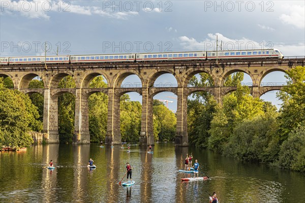 Enz viaduct Bietigheim with InterCity IC of Deutsche Bahn, railway viaduct over the river Enz, stand-up paddler, Bietigheim-Bissingen, Baden-Wuerttemberg, Germany, Europe