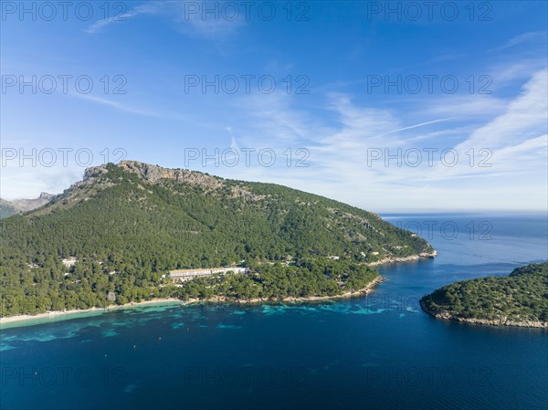 Aerial view of Formentor Peninsula with Formentor Beach, Hotel Royal Hideaway Formentor formerly Hotel Formentor, Cala Pi de la Posada, Illa del Geret Port de Pollenca, Mallorca, Balearic Islands Spain