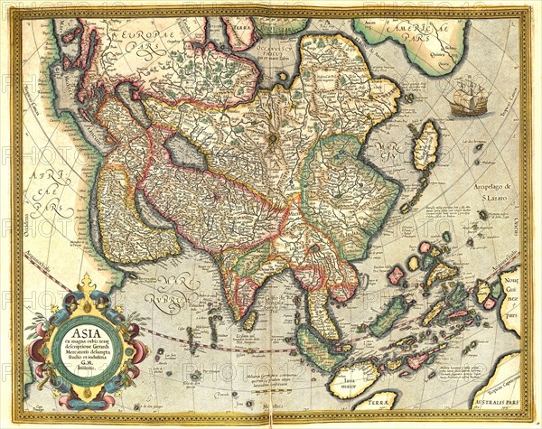 Atlas, map from 1623, Asia with India, China, Japan and Arabia, digitally restored reproduction from an engraving by Gerhard Mercator, born as Gheert Cremer, 5 March 1512, 2 December 1594, geographer and cartographer, Asia