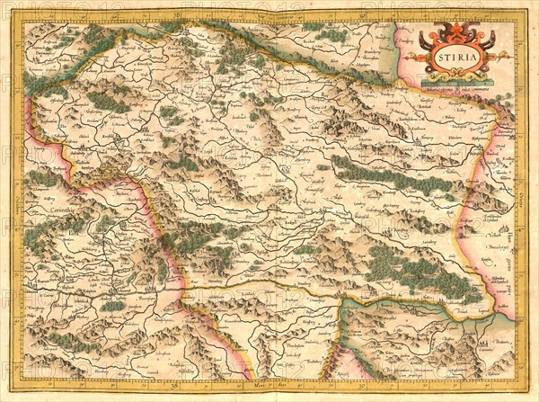 Atlas, map from 1623, Stiria, Steyr, Austria, digitally restored reproduction from an engraving by Gerhard Mercator, born Gheert Cremer, 5 March 1512, 2 December 1594, geographer and cartographer, Europe