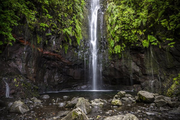 River and waterfall Cascata das 25 Fontes, long exposure, Rabacal, Paul da Serra, Madeira, Portugal, Europe