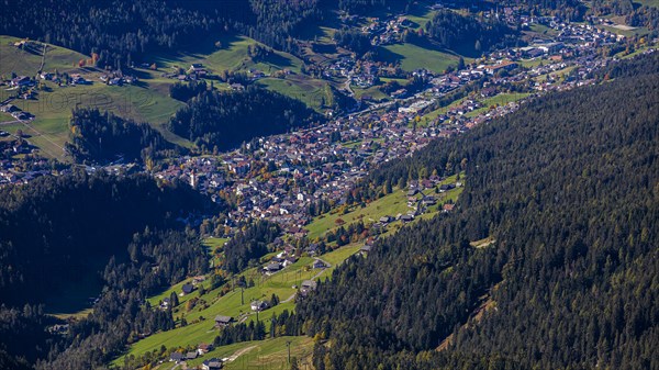 The tourist town of Ortisei, view from the Seceda peak, Val Gardena, Dolomites, South Tyrol, Italy, Europe