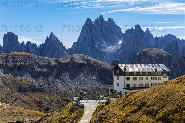 Auronzo Hut, behind the peaks of the Cadini di Misurina, Dolomites, South Tyrol, Italy, Europe