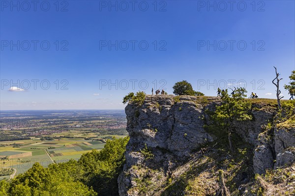 View from the rock plateau Breitenstein over the landscape in the foothills of the Alb, Swabian Alb, Ochsenwang, Bissingen an der Teck, Baden-Wuerttemberg, Germany, Europe