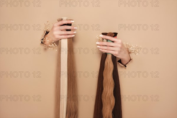 Hands with flowers hold strands of hair for extensions on a beige background. hair beauty