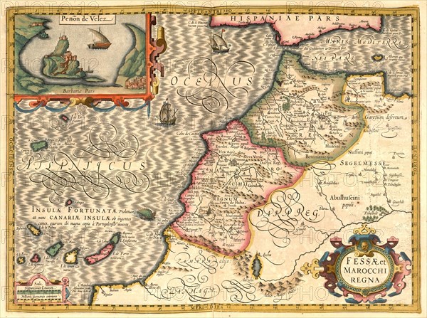 Atlas, map from 1623, Morocco, digitally restored reproduction from an engraving by Gerhard Mercator, born as Gheert Cremer, 5 March 1512, 2 December 1594, geographer and cartographer, Africa