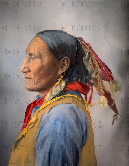 Indian, Black Horse, Chief of the Comanche, Arapahoe, after a picture by F.A.Rinehart, 1899, Arapaho or Arapahoe are an Indian people of North America and belonged as nomadic Plains Indians to the cultural area of the Prairies and Plains, Historic, digitally restored reproduction of an original from that time