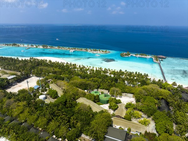 Aerial View, Paradise Island with Water Bungalows, Indian Ocean, Lankanfushi, North Male Atoll, Maldives, Asia