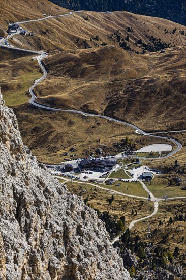 Gondola from the Sella Pass to the Sassolungo Pass, behind the Sella Pass and the Sella Pass road, Dolomites, South Tyrol, Italy, Europe