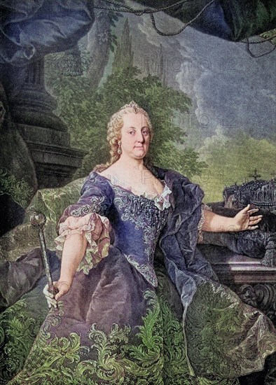 Maria Theresa Walburga Amalia Christina, was the only female ruler of the Habsburg dominions and the last of the House of Habsburg. She was the ruler of Austria, Hungary, Croatia, Bohemia, Transylvania, Mantua, Milan, Lodomeria and Galicia, the Austrian Netherlands and Parma, Historical, digitally restored reproduction of a 19th century original, Europe