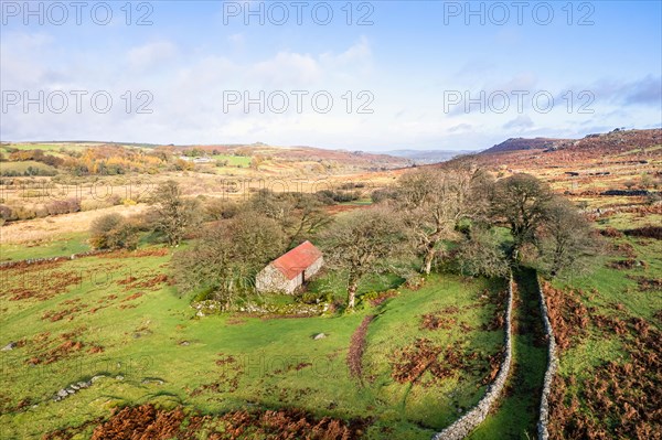 View over Emsworthy Mire from a drone, Haytor Rocks, Dartmoor National Park, Devon, England, UK