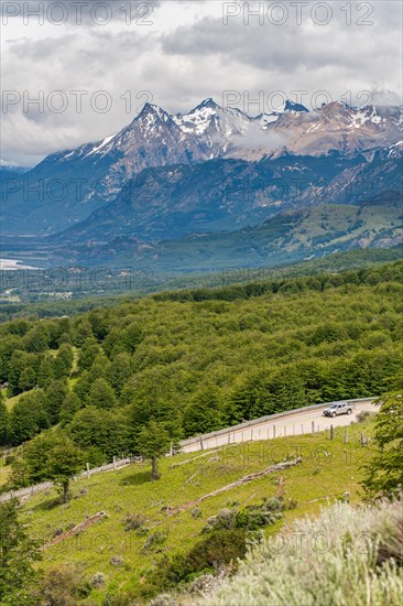 Car on the Carretera Austral, also Panamericana, Cerro Castillo National Park, Aysen, Patagonia, Chile, South America