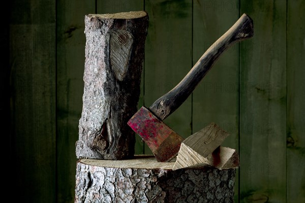 Axe on chopping block with log in front of green wooden wall, studio shot, Germany, Europe