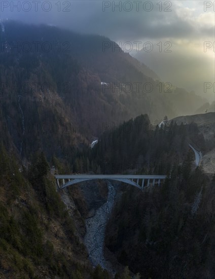 Salginatobel Bridge, educational object 1930s reinforced concrete bridge, engineering milestone ASCE, UNESCO World Heritage waiting list, drone image, Schiers Schuders, Praettigau, Graubuenden, Switzerland, Europe