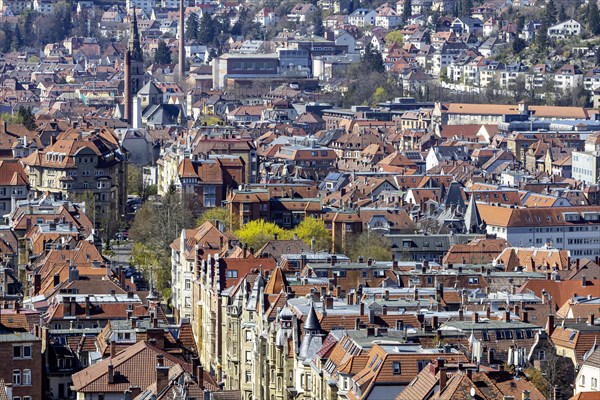 View from the Weinsteige onto the South district with dense urban development, Stuttgart, Baden-Wuerttemberg, Germany, Europe